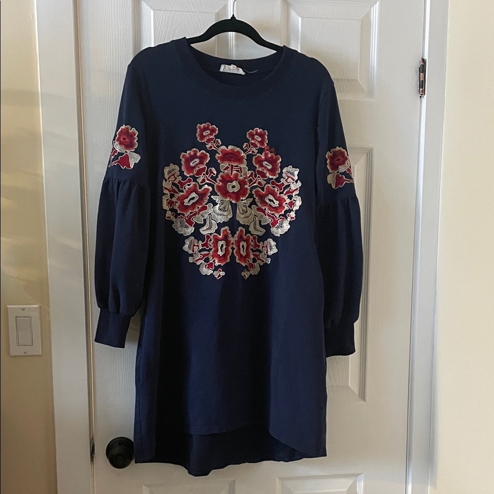 Stunning embroidered floral boho navy blue balloon sleeve sweatshirt dress